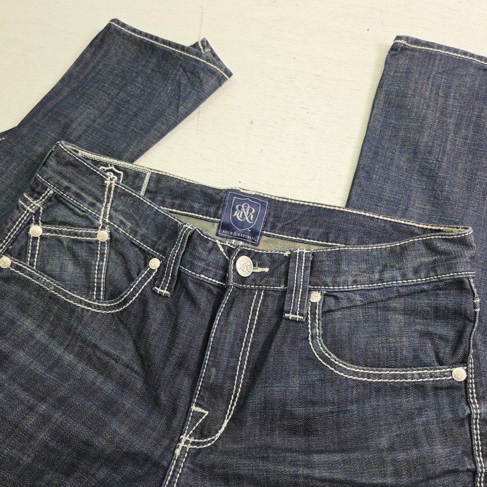 Rock & Republic Men's Jeans 34x30 Dark Wash Thick Stitch Boot Cut Flap Y2K NWOT - Picture 3 of 11